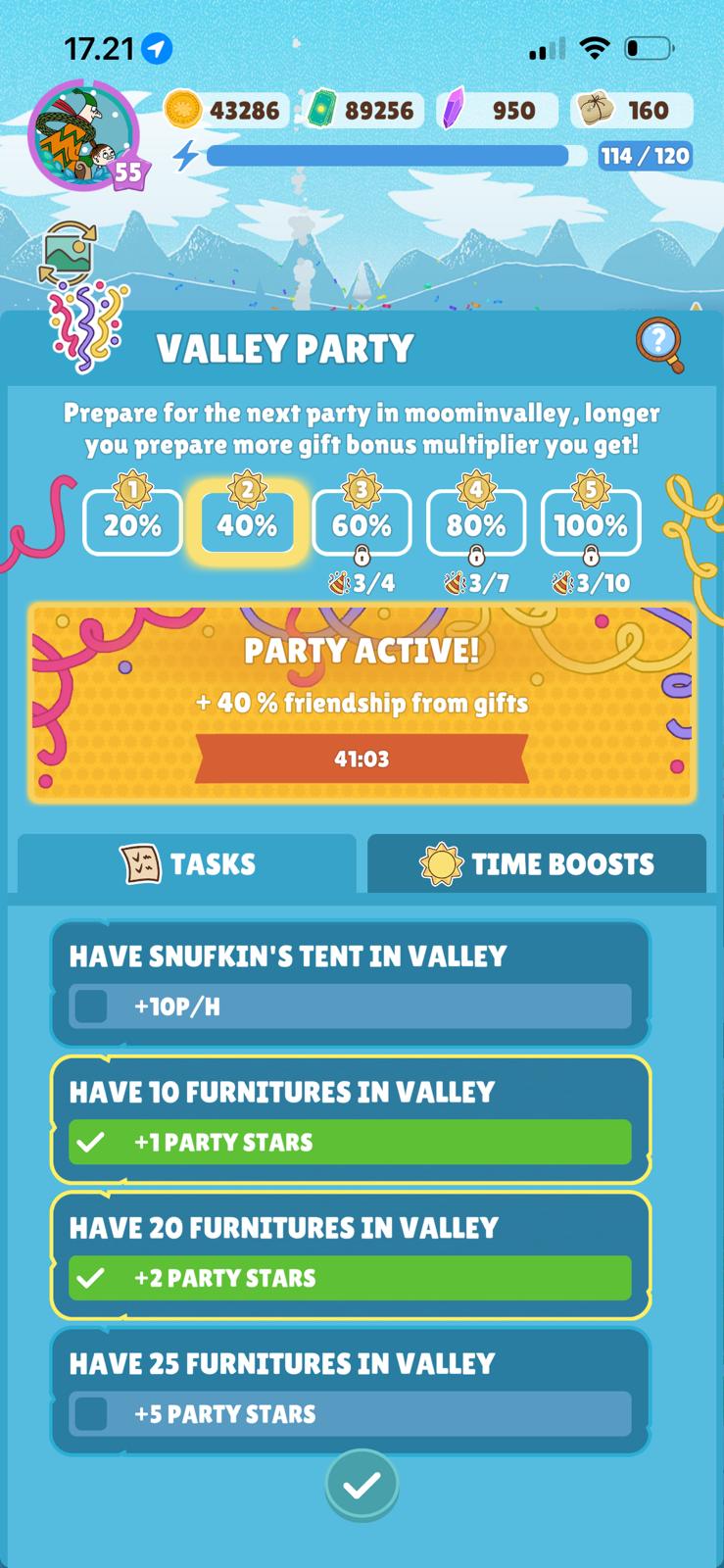Active Valley Party screen showing furniture tasks, Party Stars, five bonus levels, and a level two 40 percent friendship gifting bonus
