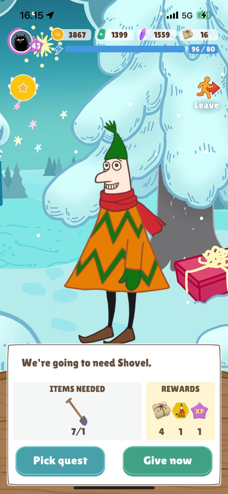 Seasonal character quest requesting an item and showing parcel character-token and XP rewards