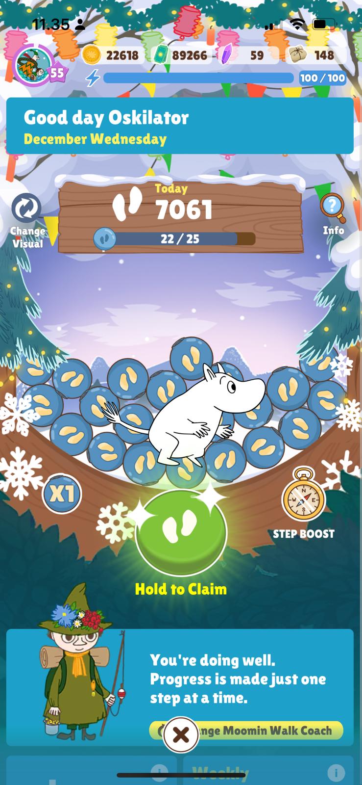 Walking step-ball collection screen with daily step progress and step boost