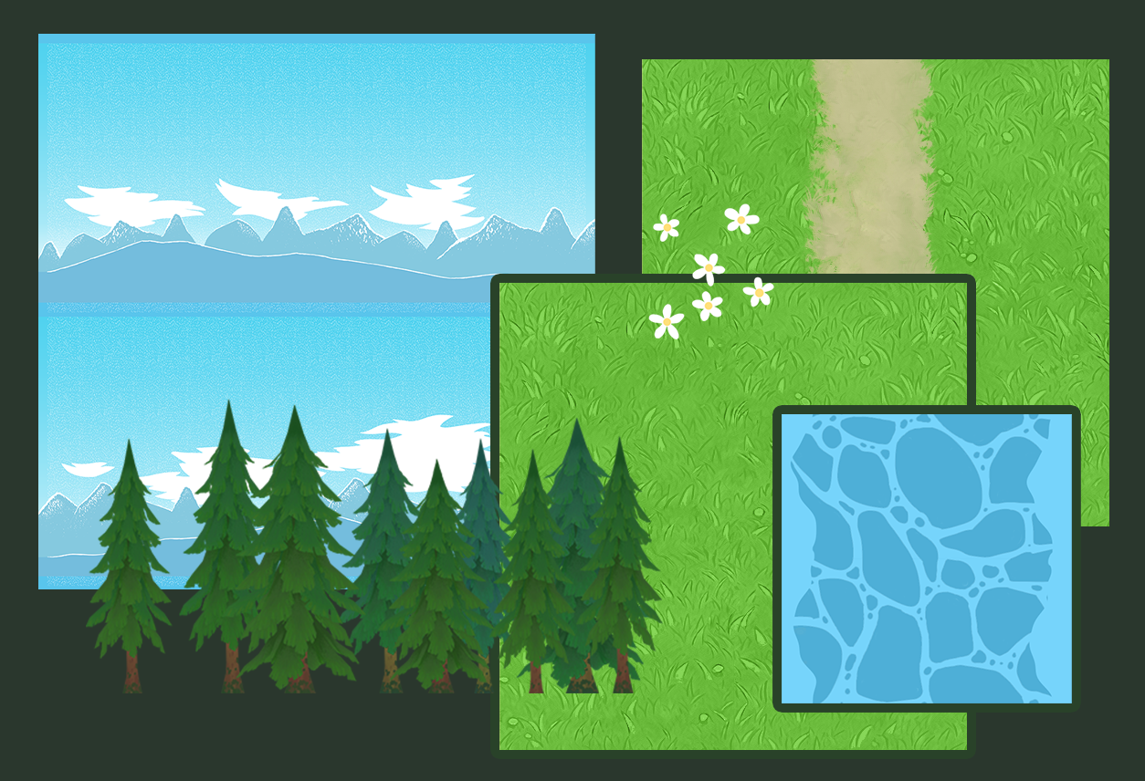 Environment texture set I created: painted skybox, tiling grass, path, and water textures