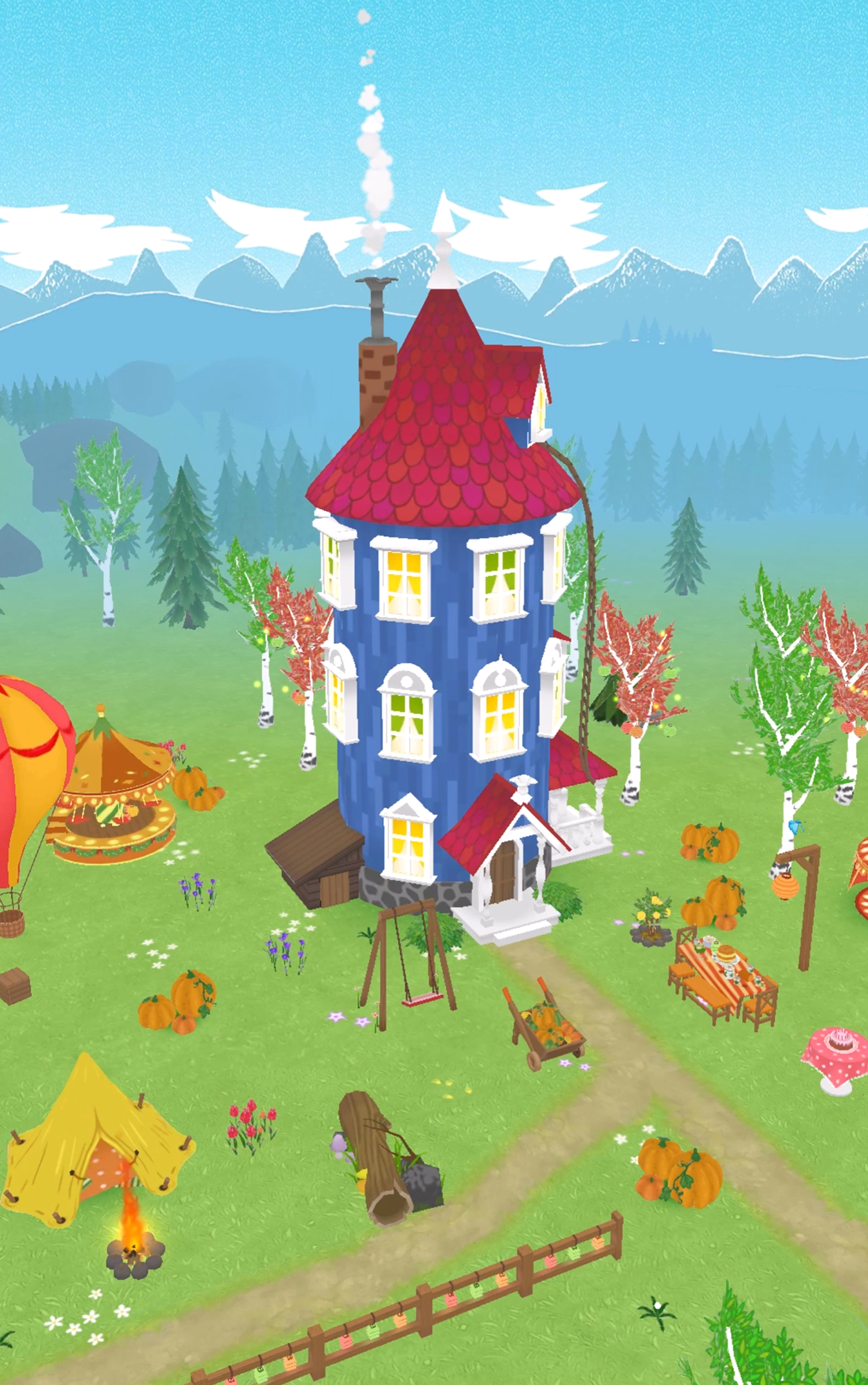 Finished 3D base-building valley with the Moomin house at the center