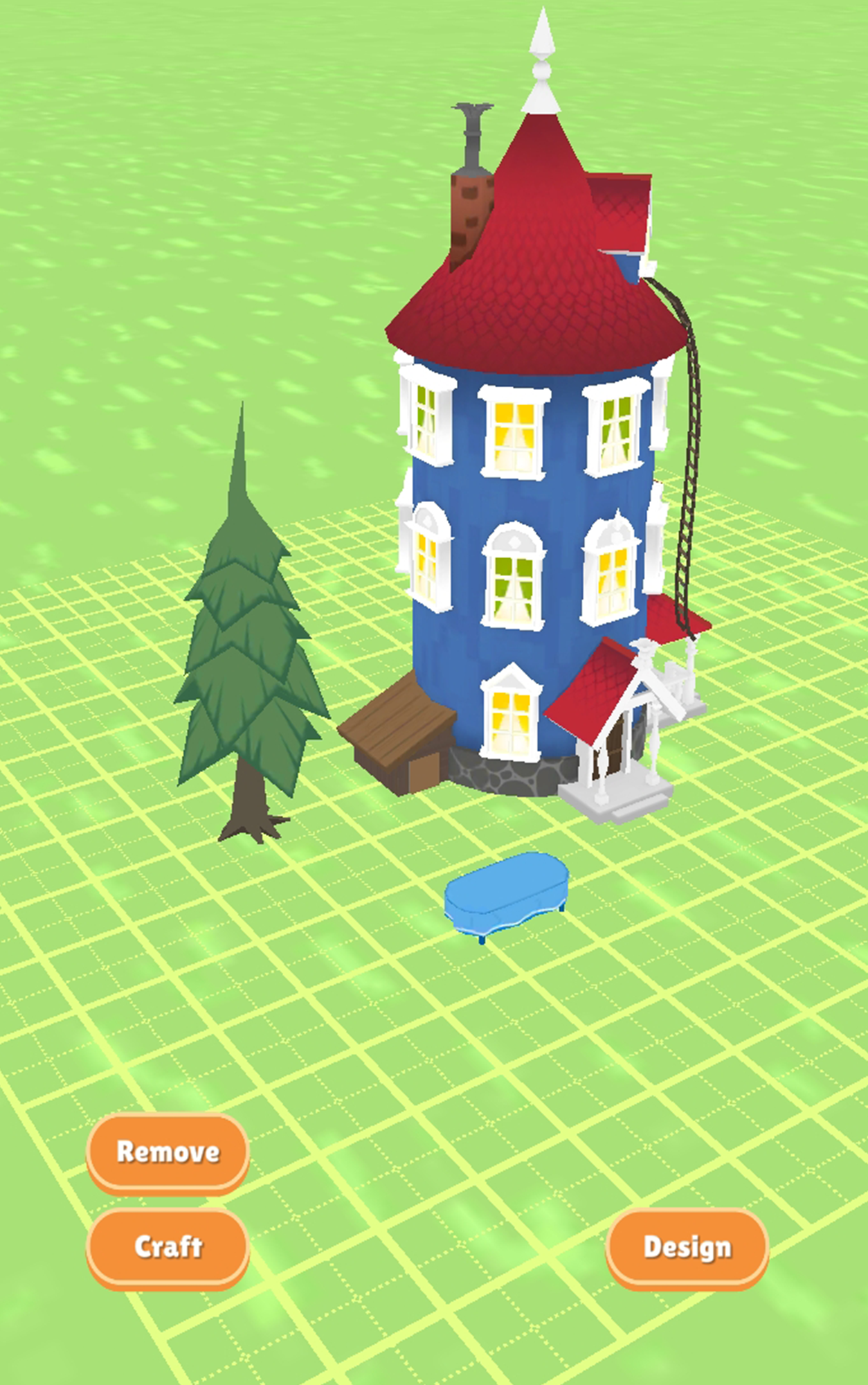 Early prototype with flat surface, house, and placeholder furniture being tested
