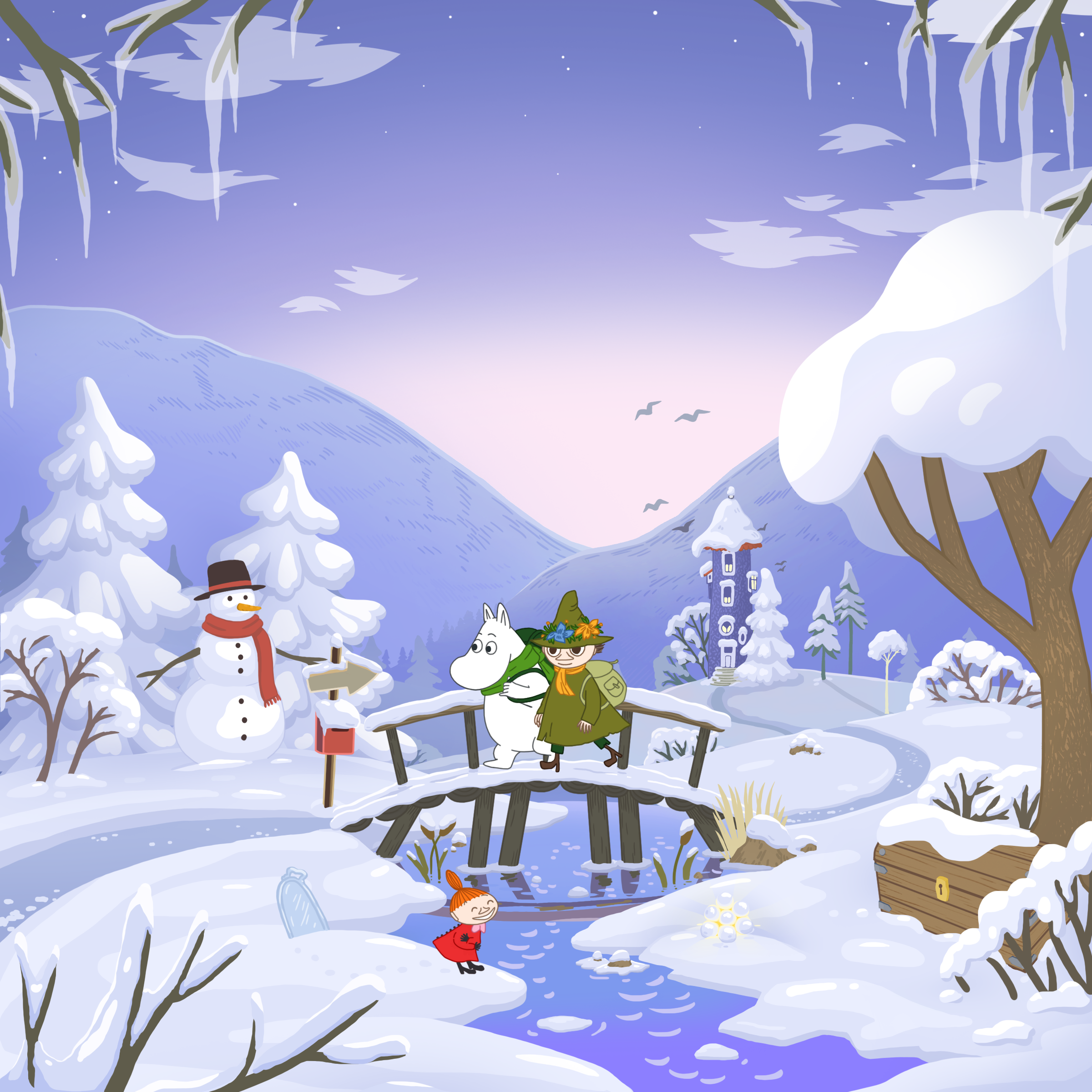 Winter-themed Moomin Move loading screen artwork