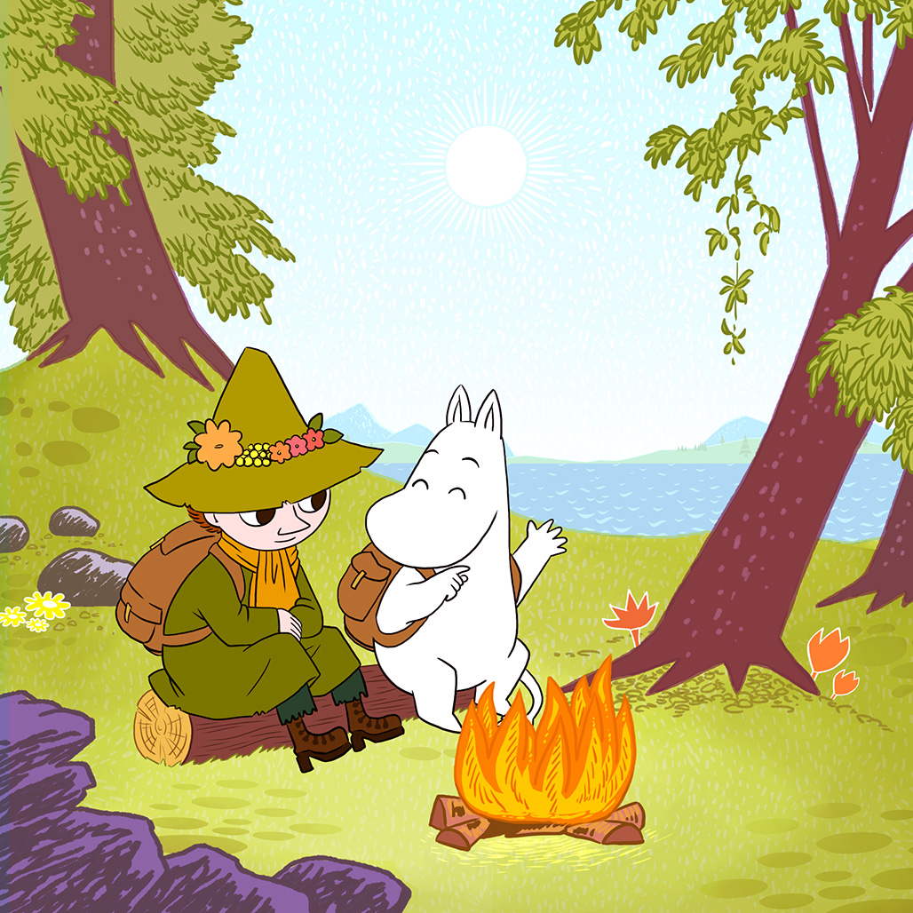 Moomin and Snufkin sitting by a campfire in Moominvalley