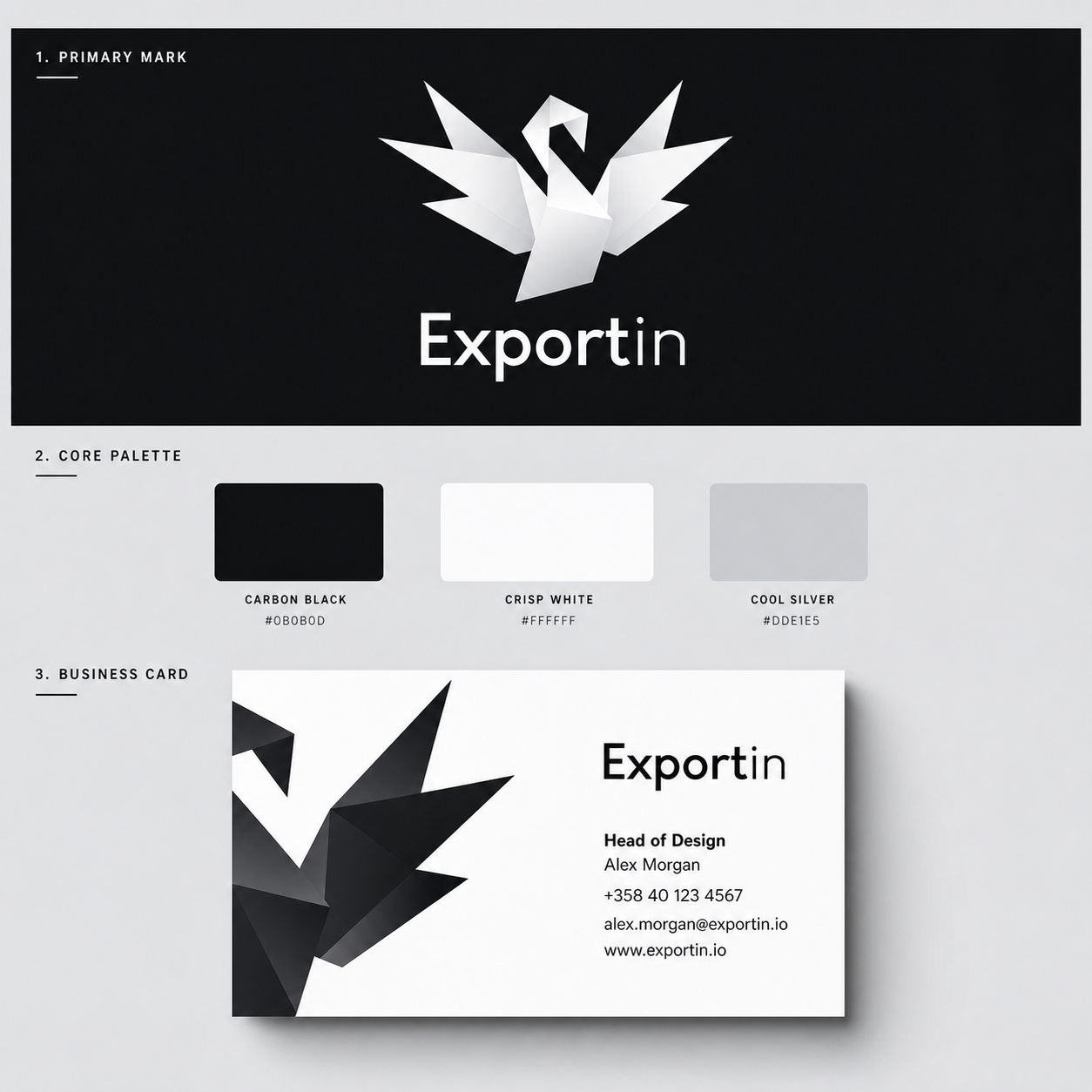 Exportin origami swan logo and monochrome brand identity