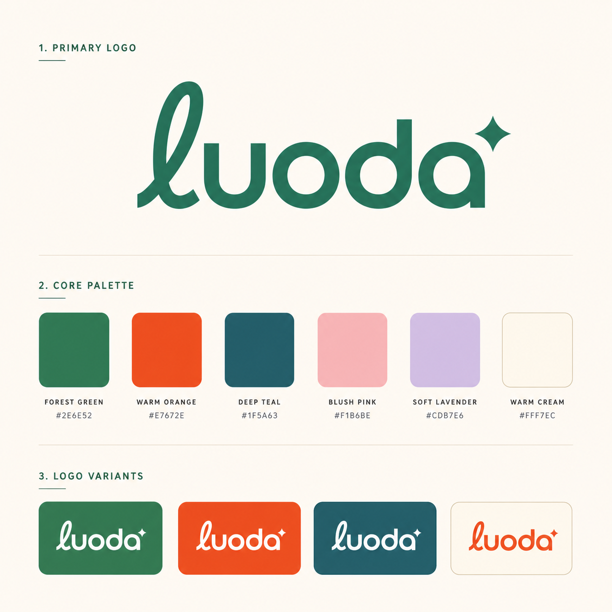 Luoda wordmark and colorful brand identity