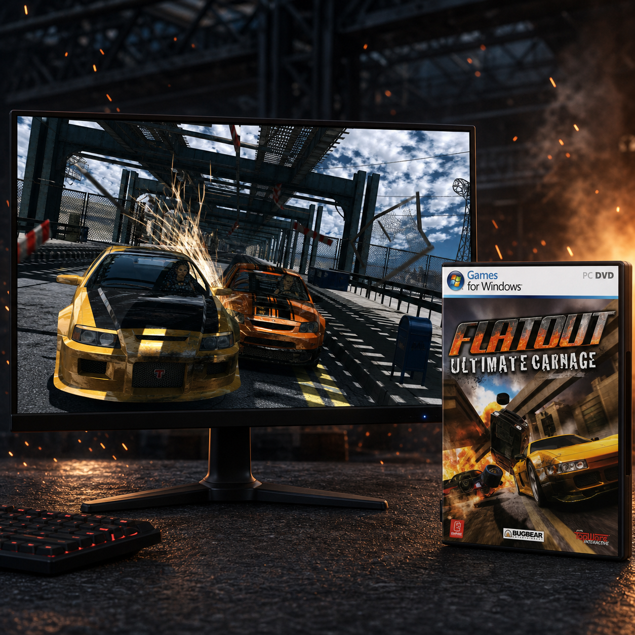 FlatOut Ultimate Carnage racing game shown on a monitor with PC game case