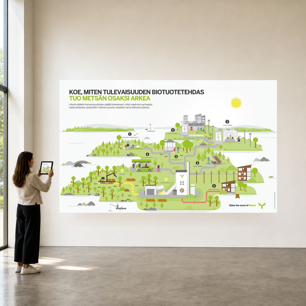 Metsä Group interactive AR poster being scanned with a tablet on a gallery wall