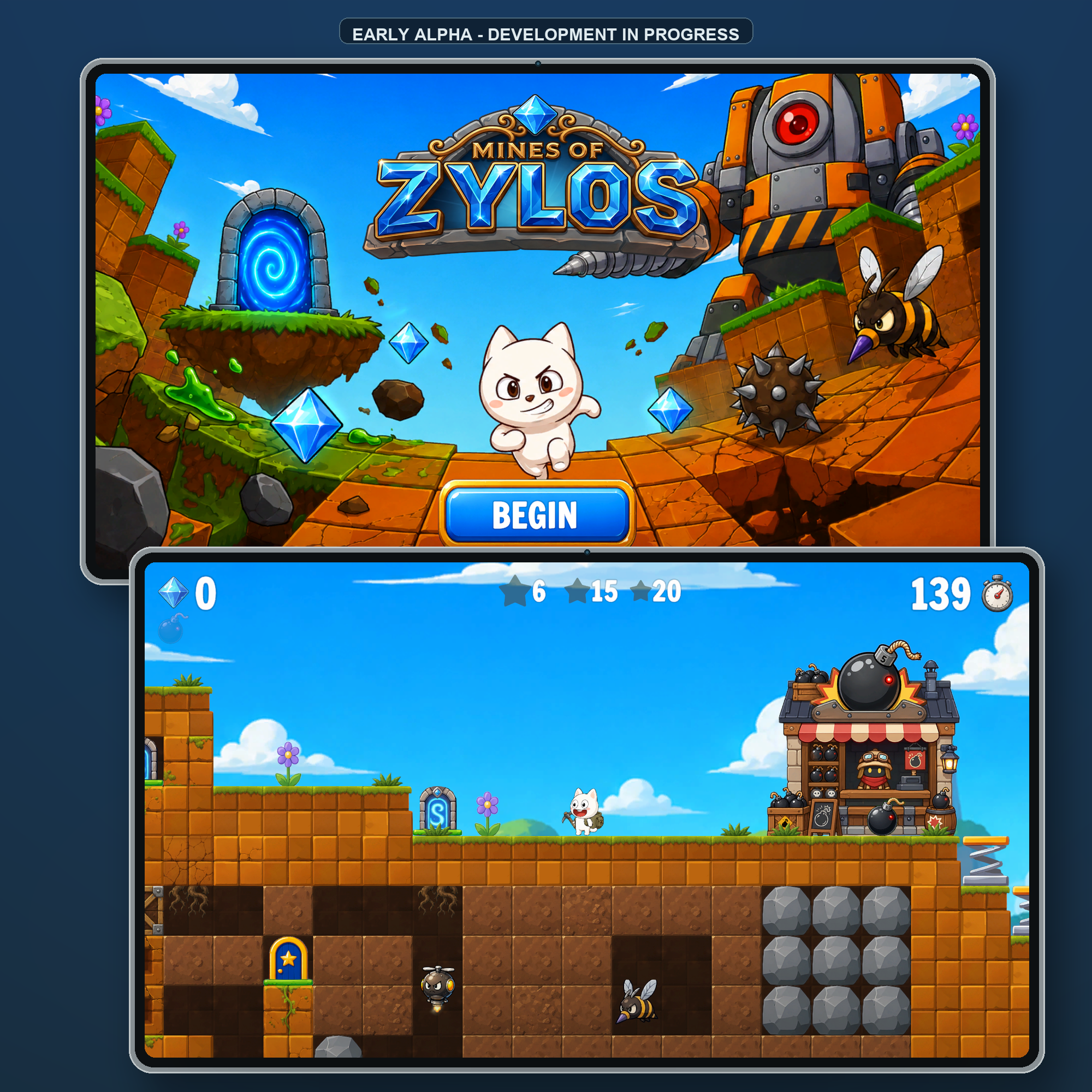 Early development artwork and gameplay for Mines of Zylos