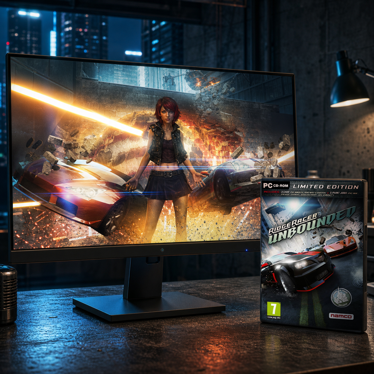 Ridge Racer Unbounded portfolio artwork displayed on a monitor with game box art