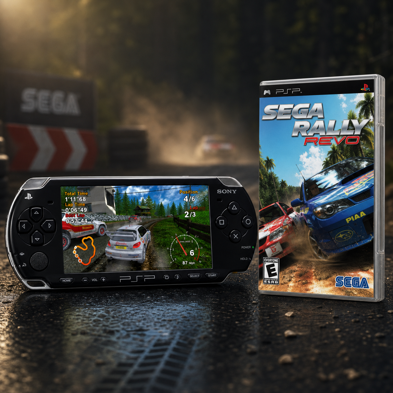 Sega Rally PSP racing game shown on a PSP handheld with game case