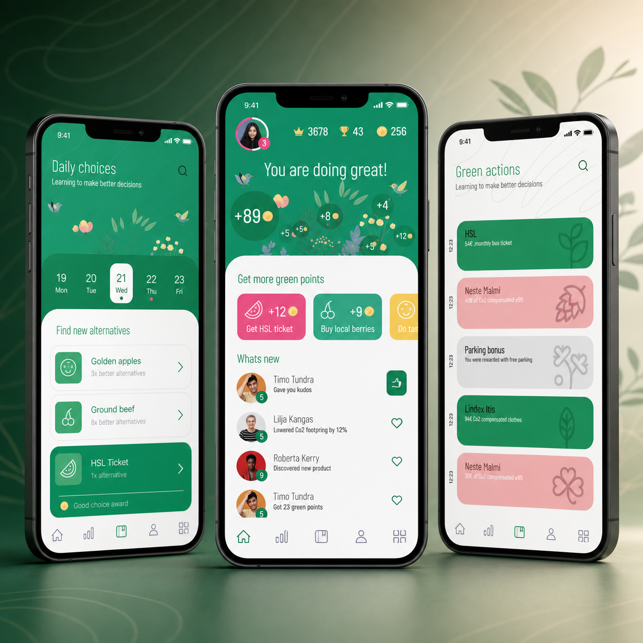 GreenPay sustainability app concept displayed on three phones