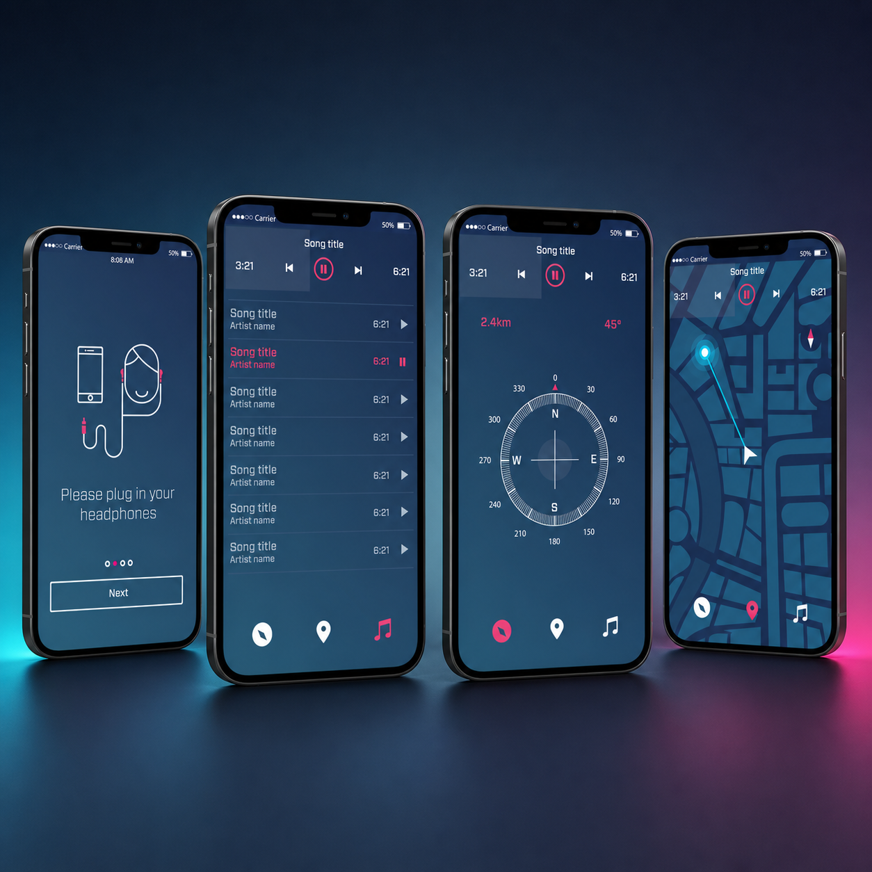 Mobile sound and navigation interface displayed on four phones