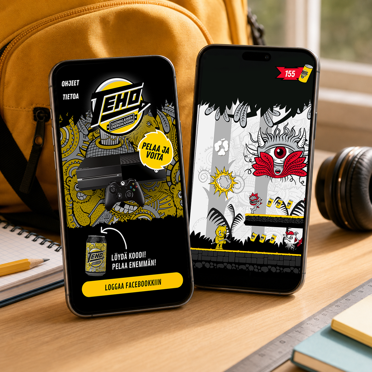 Teho energy drink web campaign game for Olvi shown on two phones