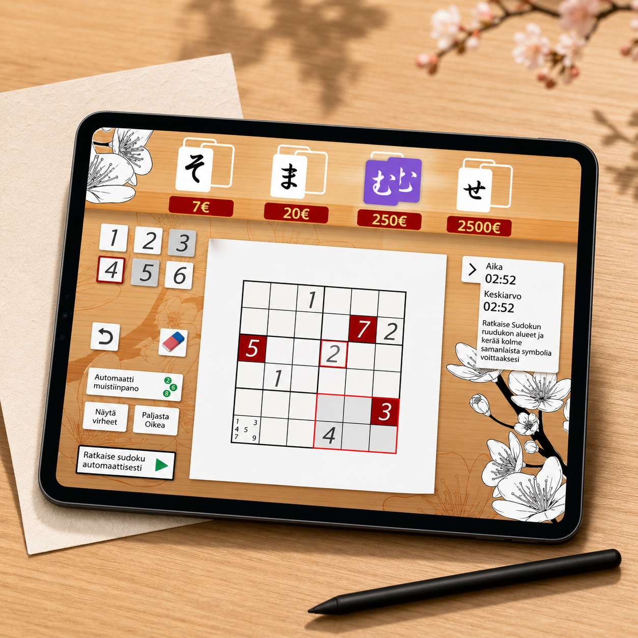 Veikkaus Japanese-style Sudoku game interface displayed on a tablet
