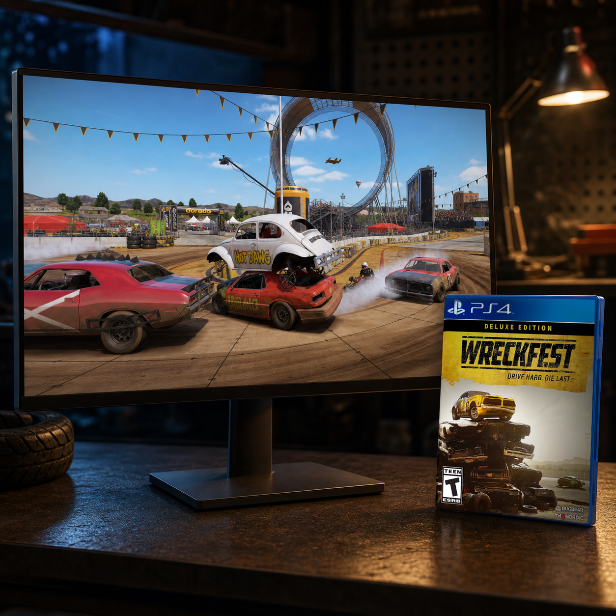 Wreckfest racing game portfolio artwork displayed on a monitor with game box art